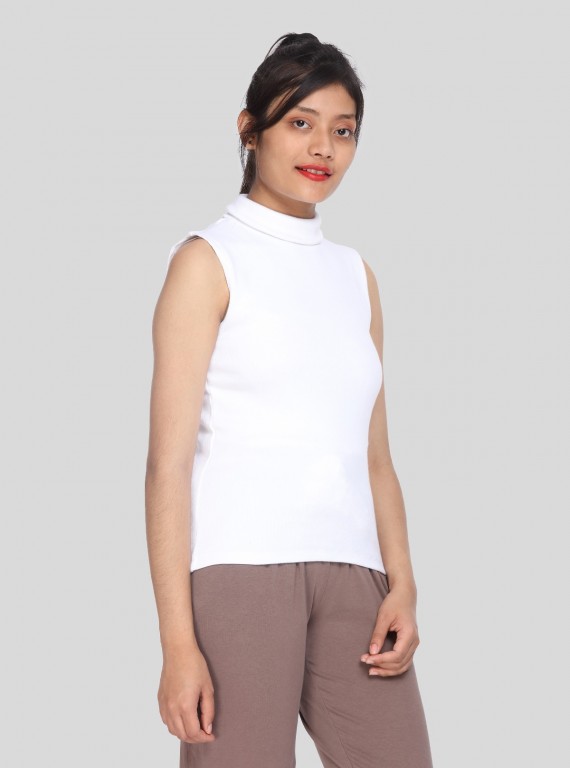 White Flat Knit High Neck Top