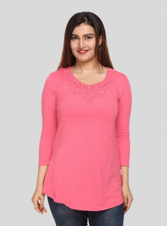 Women's Fuchsia Neck Lace Long Sleeve Cotton Jersey Top | Boer & Fitch