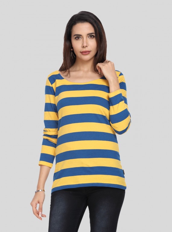 Women's Mustard Striped Scoop Neck Long Sleeve Top – Cotton Jersey Knit