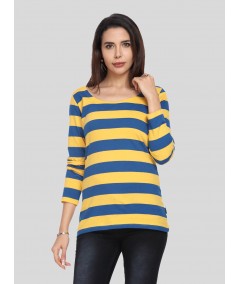 Women's Mustard Striped Scoop Neck Long Sleeve Top – Cotton Jersey Knit