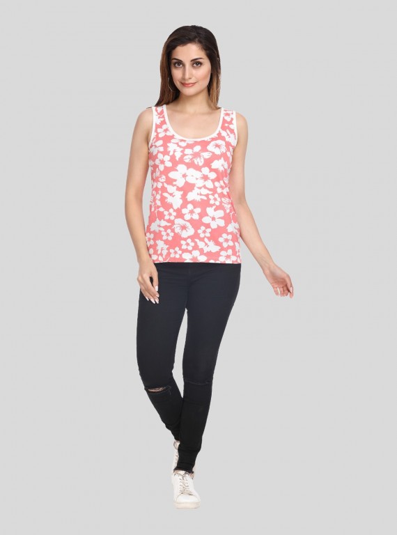 Orange Floral Printed Sleeveless Top