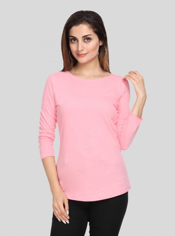 Women's Solid Pink Scoop Neck Long Sleeve Top – Cotton Jersey Slub Knit