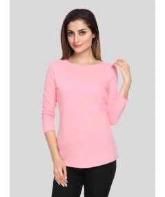 Women's Solid Pink Scoop Neck Long Sleeve Top – Cotton Jersey Slub Knit