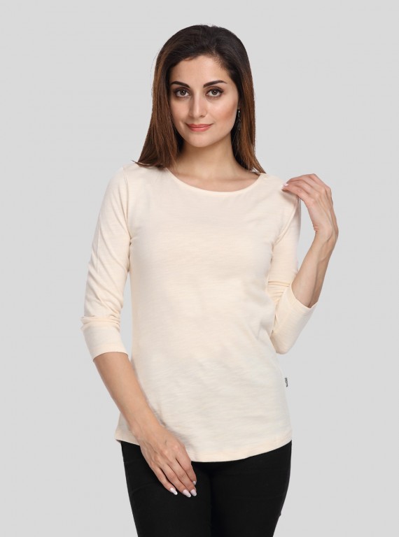 Women’s Ecru Solid Round Neck Cotton Jersey Top with 3/4th Sleeves | Boer & Fitch