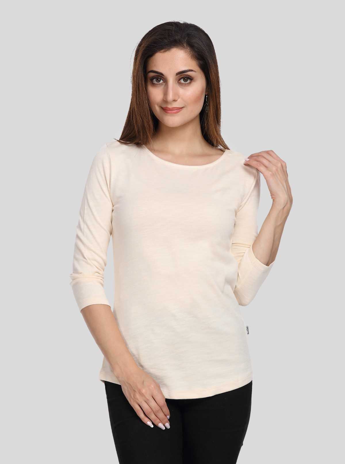 Women’s Ecru Solid Round Neck Cotton Jersey Top with 3/4th Sleeves | Boer & Fitch