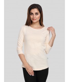 Women’s Ecru Solid Round Neck Cotton Jersey Top with 3/4th Sleeves | Boer & Fitch