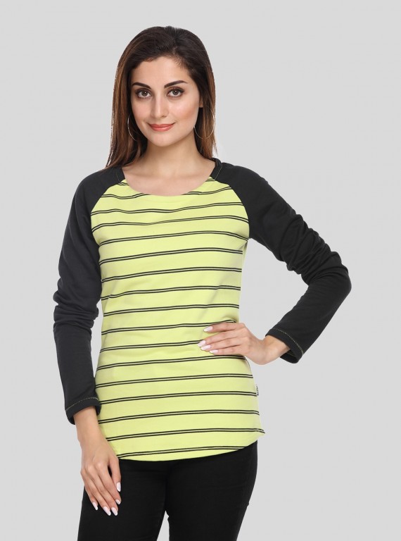 Women’s Green Striped Raglan Sleeve Sweat Top in Cotton Fleece