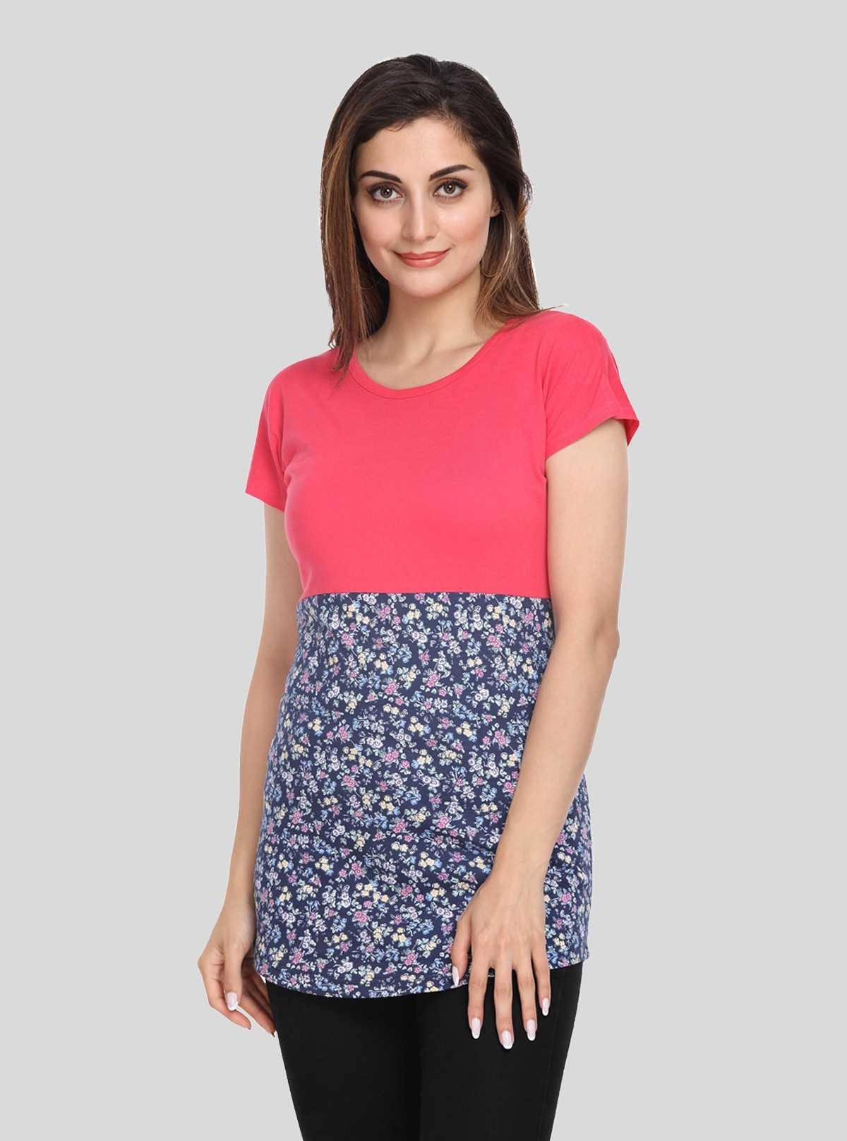 Women’s Coral Cut and Sew Cotton Jersey Top with Printed Bottom Panel | Boer & Fitch