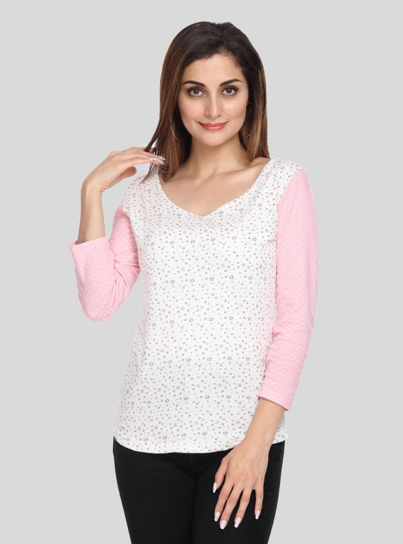 Women's Pink Star Print Scoop Neck Top with Contrast Sleeves – Cotton Jersey