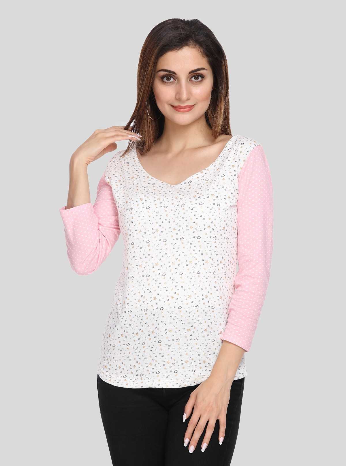 Women's Pink Star Print Scoop Neck Top with Contrast Sleeves – Cotton Jersey