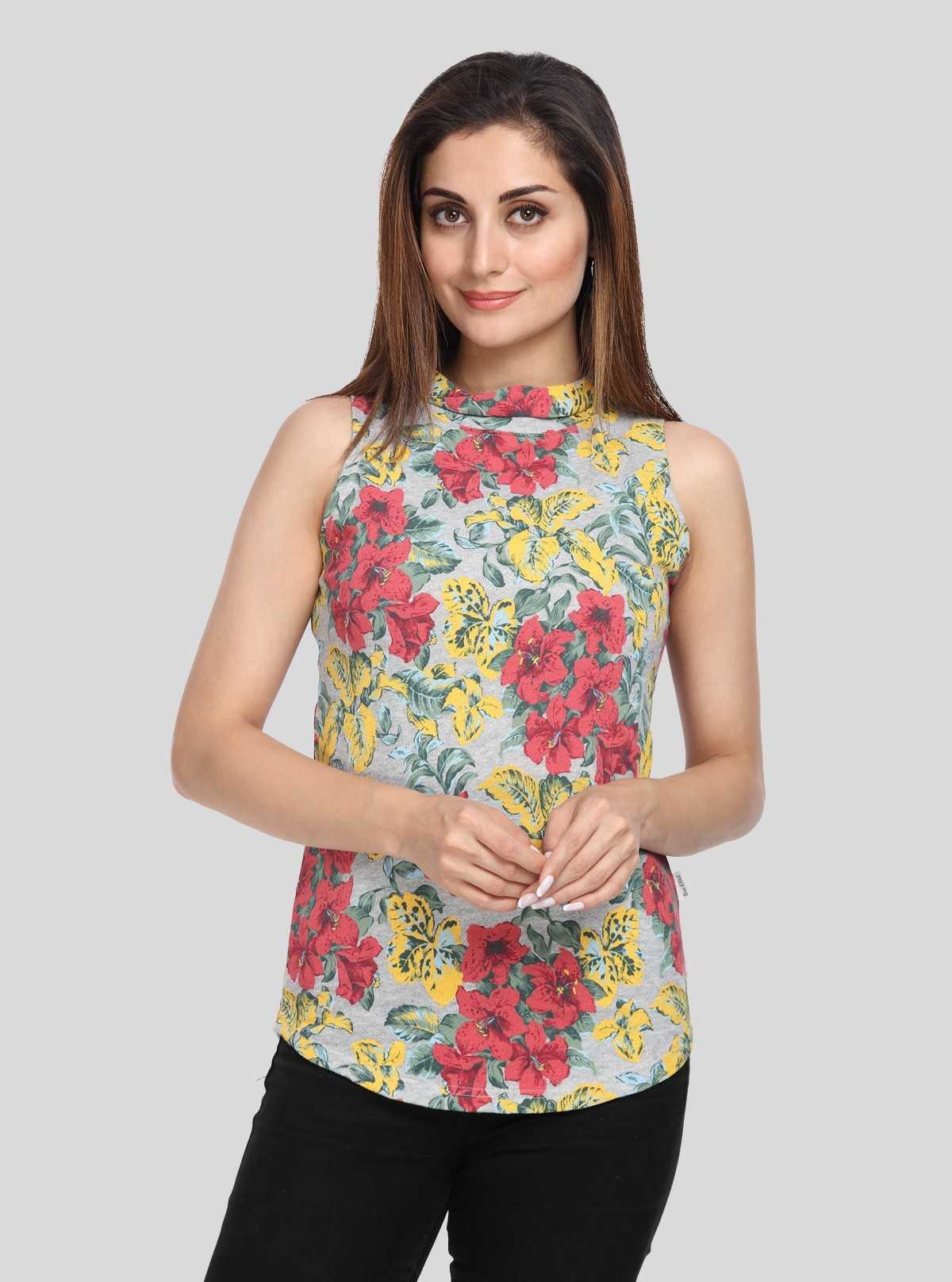 Women’s Grey Floral High Neck Sleeveless Top – Elegant & Breezy Style