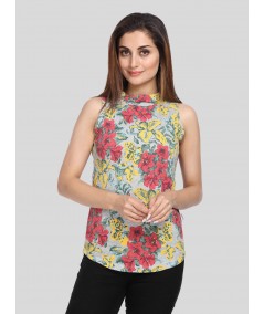 Women’s Grey Floral High Neck Sleeveless Top – Elegant & Breezy Style