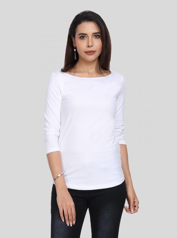 Women's White Scoop Neck Long Sleeve Cotton Jersey Knit Top