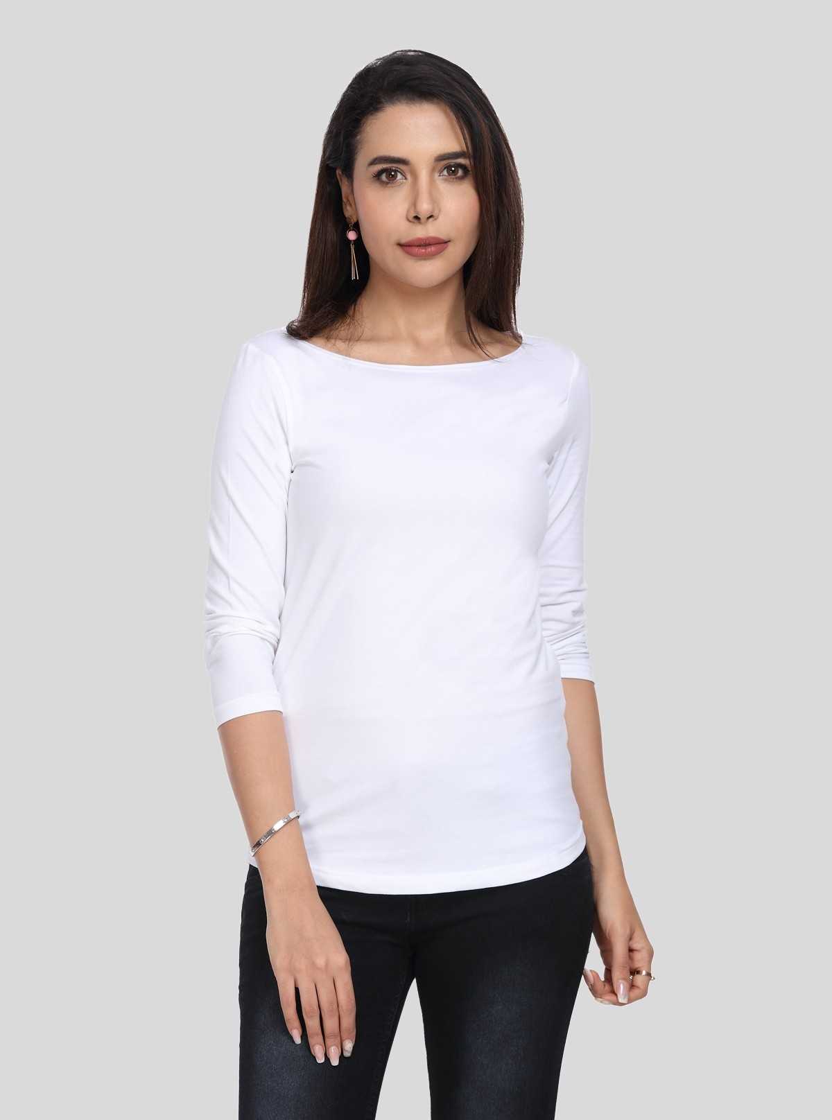 Women's White Scoop Neck Long Sleeve Cotton Jersey Knit Top