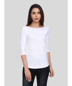 Women's White Scoop Neck Long Sleeve Cotton Jersey Knit Top