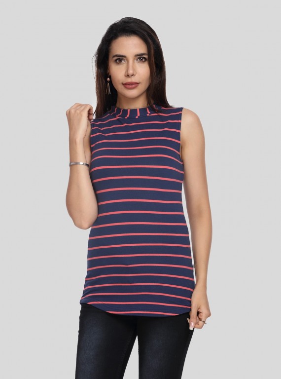 Women’s Navy Striped Sleeveless High Neck Top – Boer and Fitch