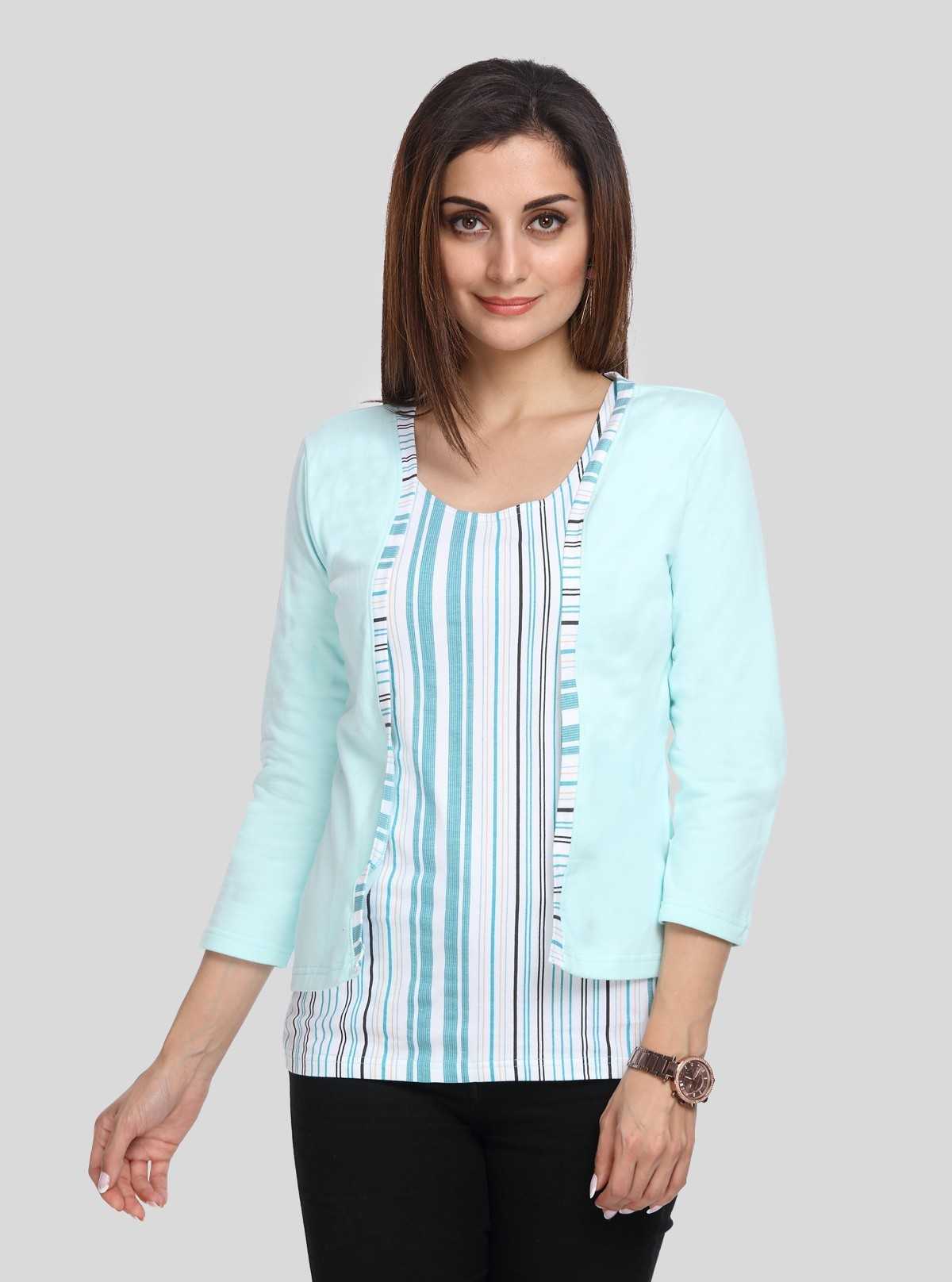 Women's Mint Green Cotton Shrug with Striped Inner Top – Boer and Fitch