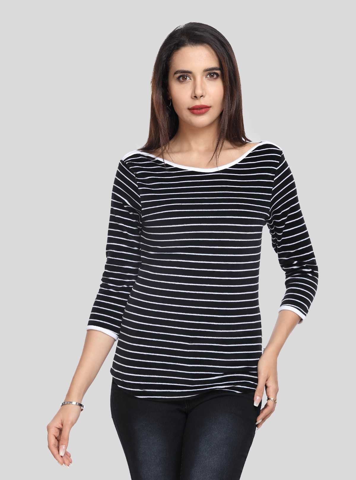 Women’s Segments Navy Stripe Velour Sweat Top in Cotton-Poly Blend