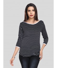 Women’s Segments Navy Stripe Velour Sweat Top in Cotton-Poly Blend