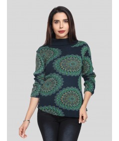 Women’s Navy Floral Rib Knit Turtle Neck Sweat Top in Cotton-Poly Blend