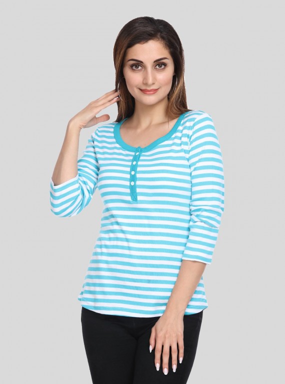 Women's Turquoise Striped Scoop Neck Top with Front Button | Boer & Fitch