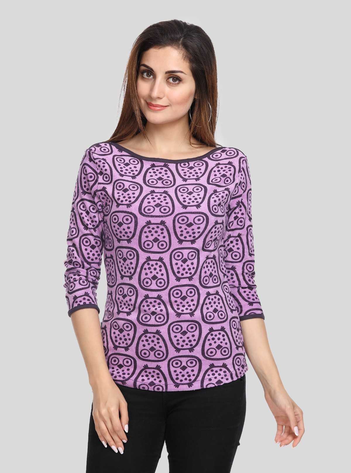 Women’s Purple Eagle Print 3/4 Sleeve Boat Neck Sweat Top – Cotton Blend