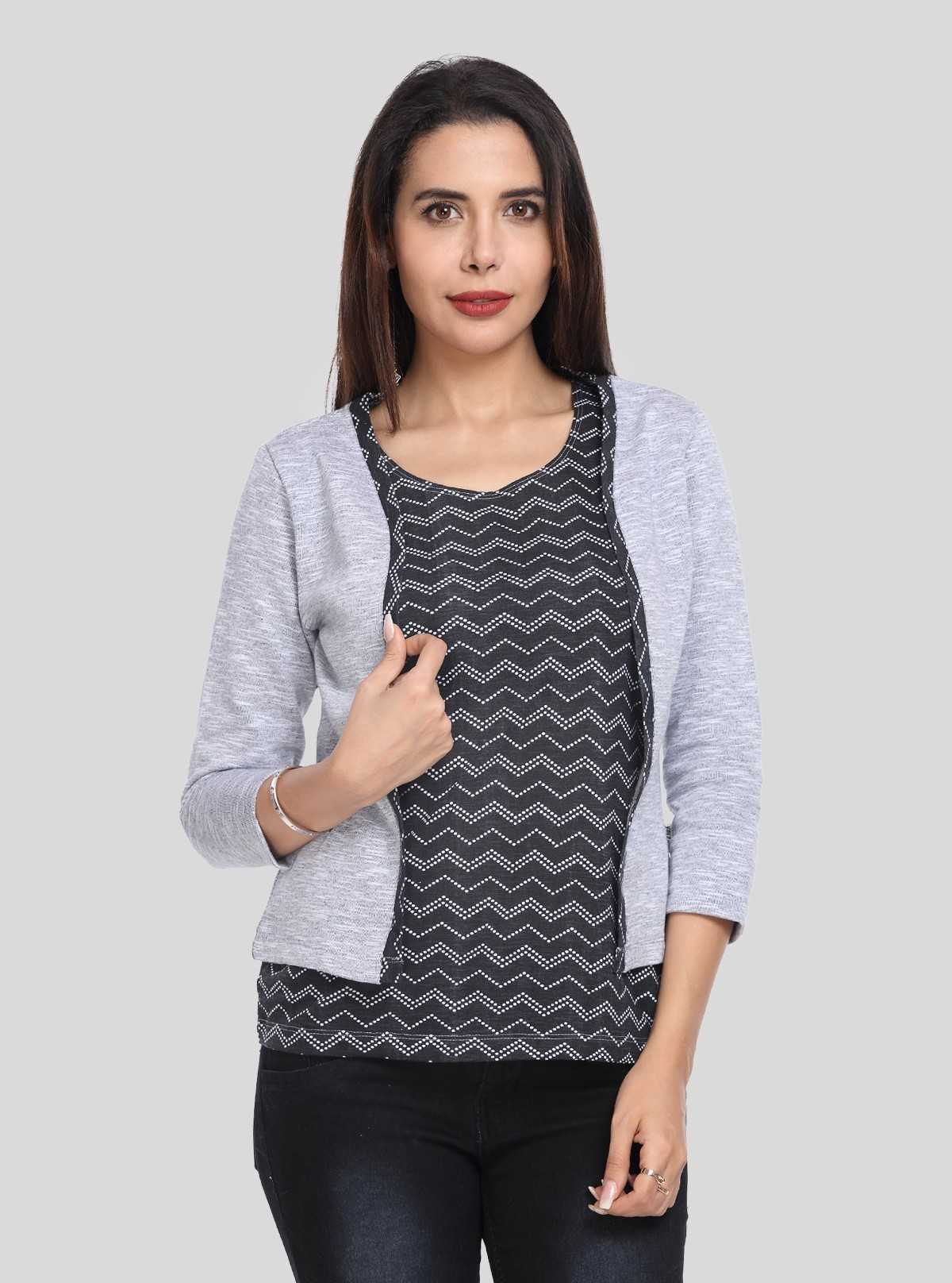 Women's Grey Cotton Shrug with Black Zigzag Print Top Set – Boer and Fitch