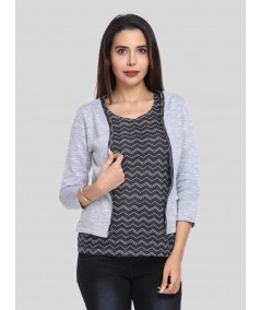 Women's Grey Cotton Shrug with Black Zigzag Print Top Set – Boer and Fitch