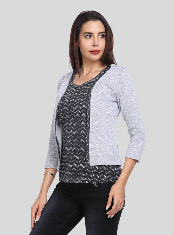 Women's Grey Cotton Shrug with Black Zigzag Print Top Set – Boer and Fitch