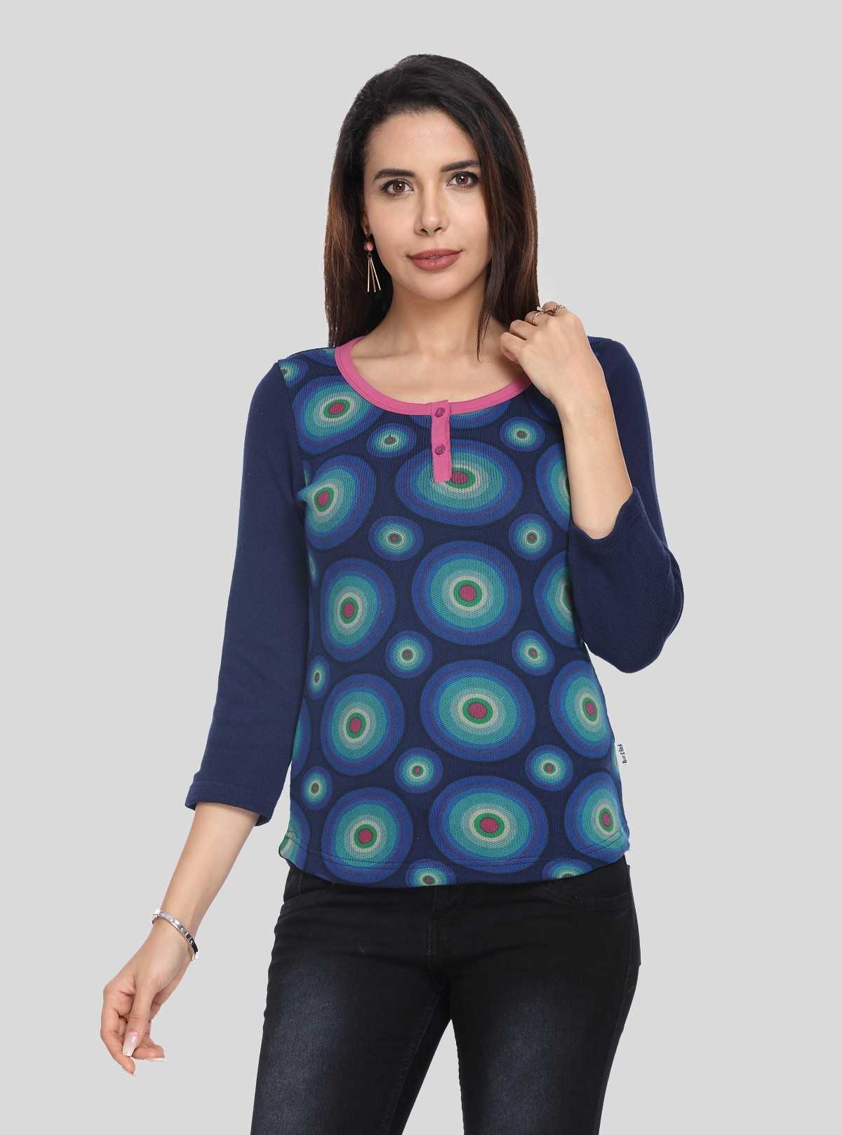 Women’s Blue Strick Pullover with 3/4th Sleeves – Cotton Poly Blend