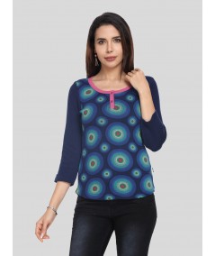 Women’s Blue Strick Pullover with 3/4th Sleeves – Cotton Poly Blend