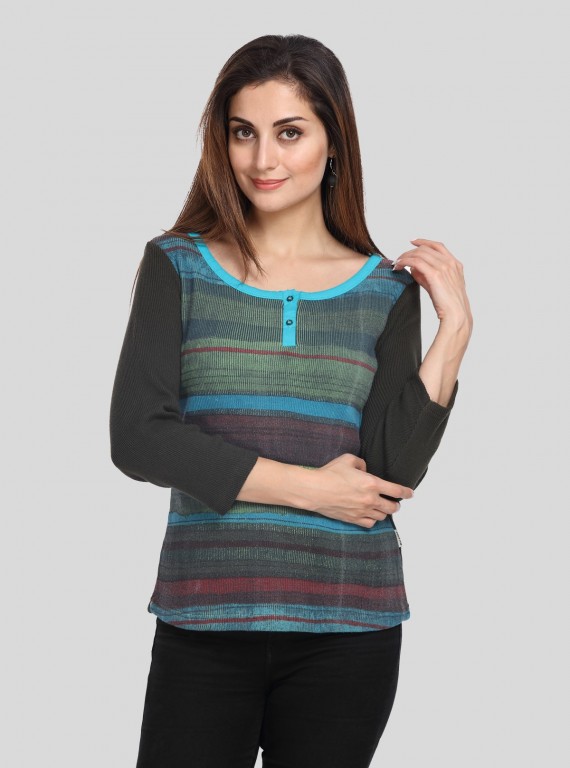 Women’s Green Stripe Cotton Ribbed Boat Neck Sweat Top by Boer & Fitch