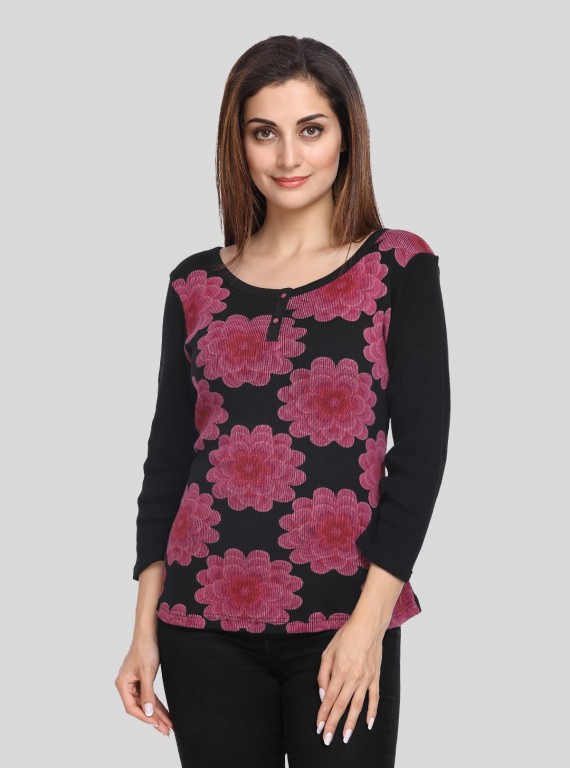 Women’s Black Floral Print Ribbed Sweat Top with Boat Neck – Boer & Fitch