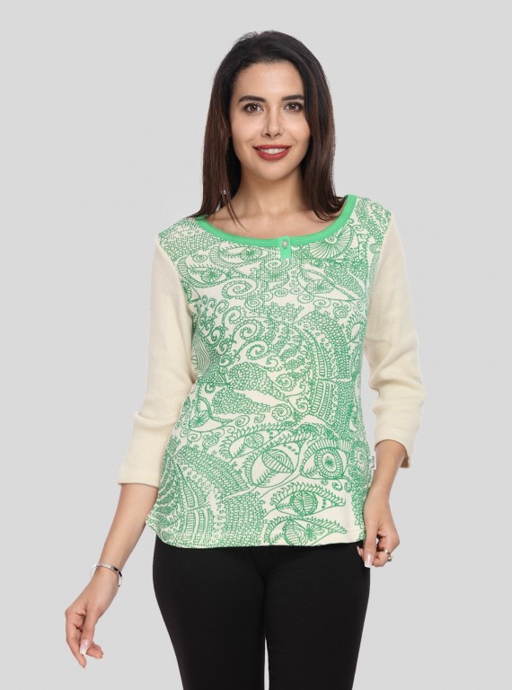 Women’s Ecru Printed Cotton Ribbed Boat Neck Sweat Top