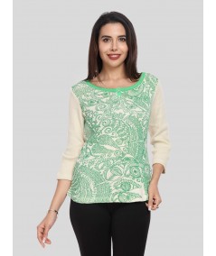 Women’s Ecru Printed Cotton Ribbed Boat Neck Sweat Top