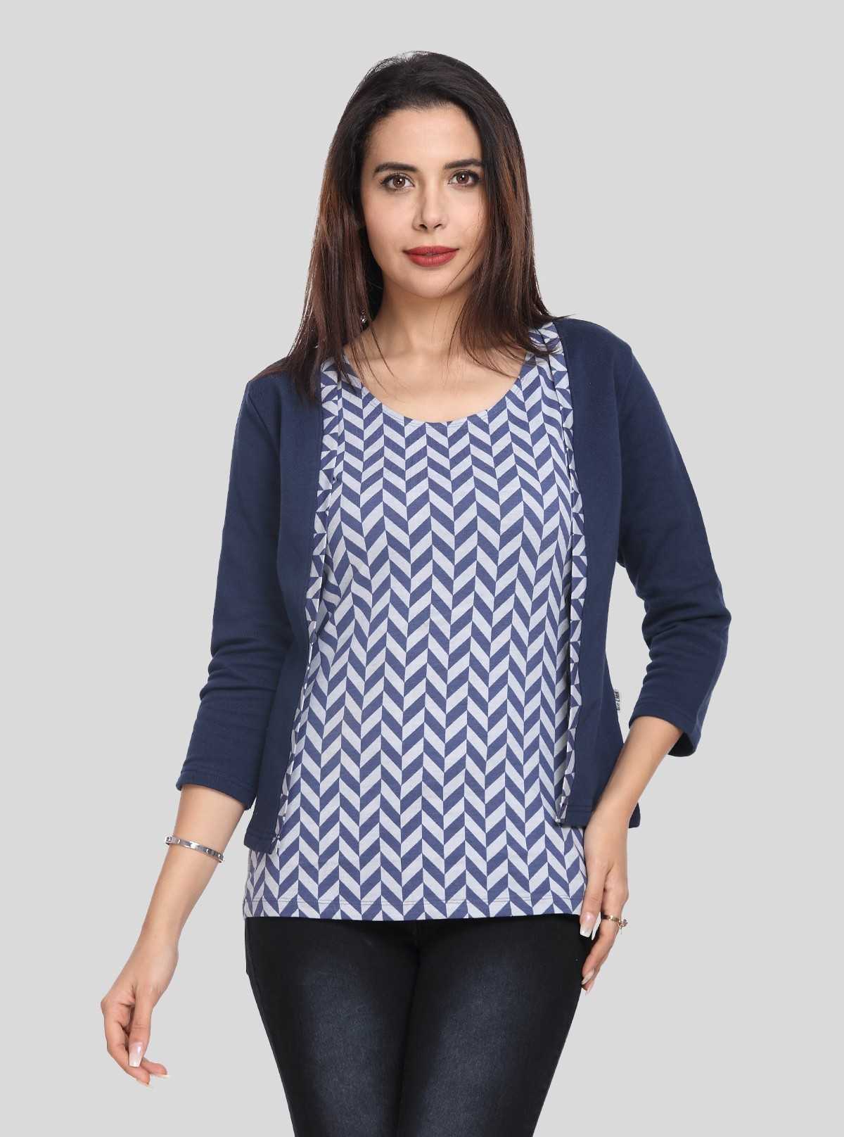 Women's Navy Blue Cotton Shrug with Geometric Print Top – Boer and Fitch