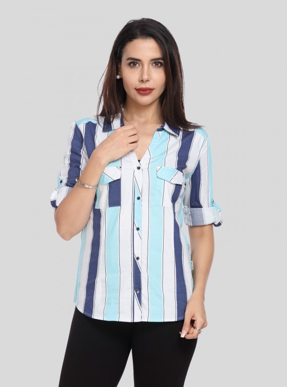 Women’s Classic Blue Stripe Cotton Shirt – Long Sleeve by Boer and Fitch