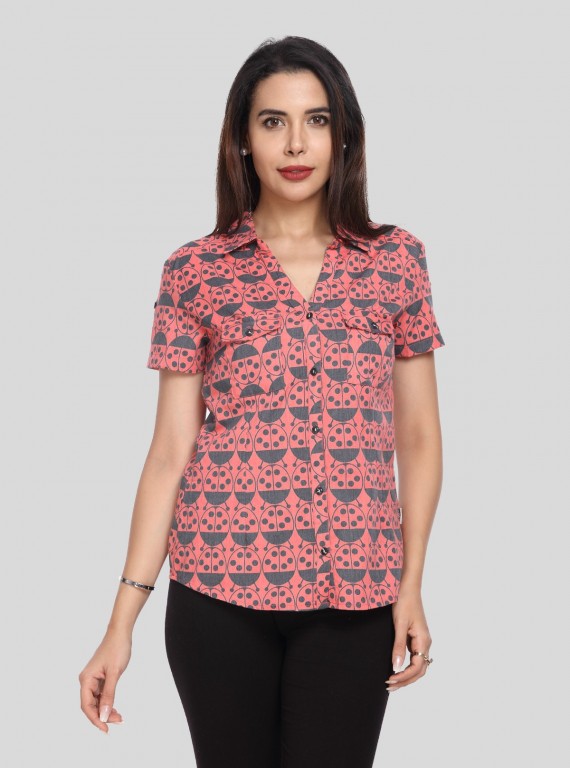 Women’s Bug Print Short Sleeve Cotton Shirt – Quirky & Cool