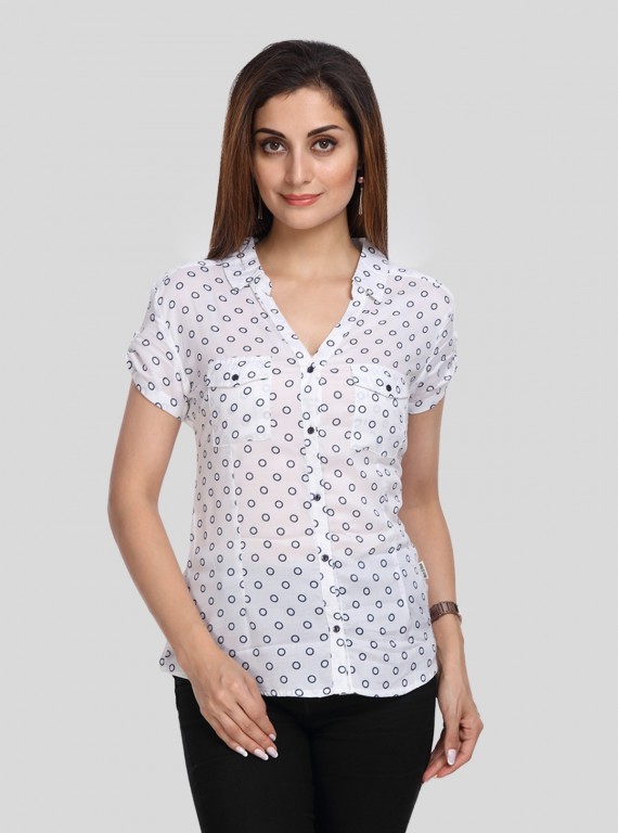 Women’s White Graphic Print Short Sleeve Shirt – Bold & Breezy Style
