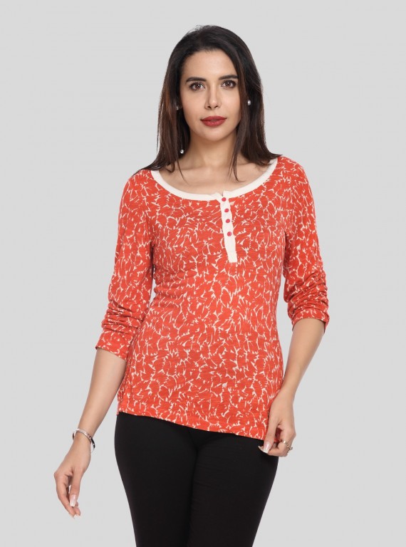 Women's Orange All-Over Printed Scoop Neck Top with Front Button | Boer & Fitch