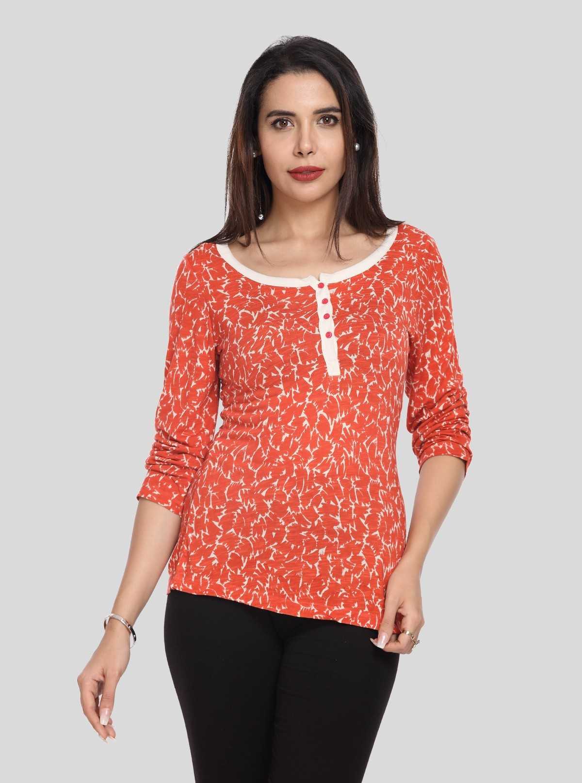 Women's Orange All-Over Printed Scoop Neck Top with Front Button | Boer & Fitch