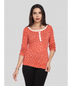 Women's Orange All-Over Printed Scoop Neck Top with Front Button | Boer & Fitch