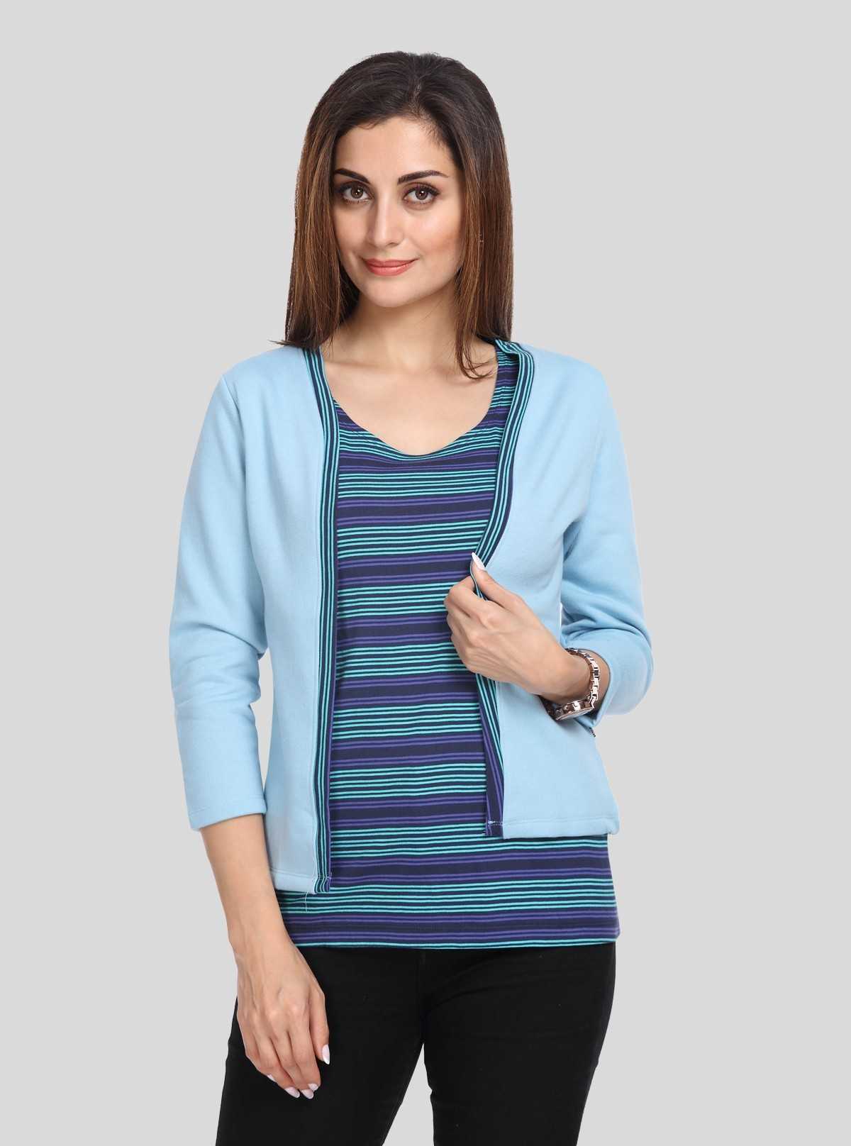 Women's Light Blue Cotton Shrug with Navy Striped Inner Top Set – Boer and Fitch