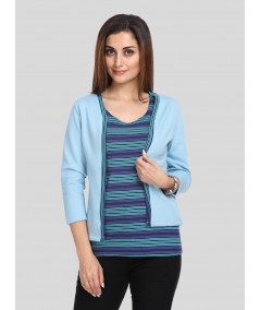 Women's Light Blue Cotton Shrug with Navy Striped Inner Top Set – Boer and Fitch