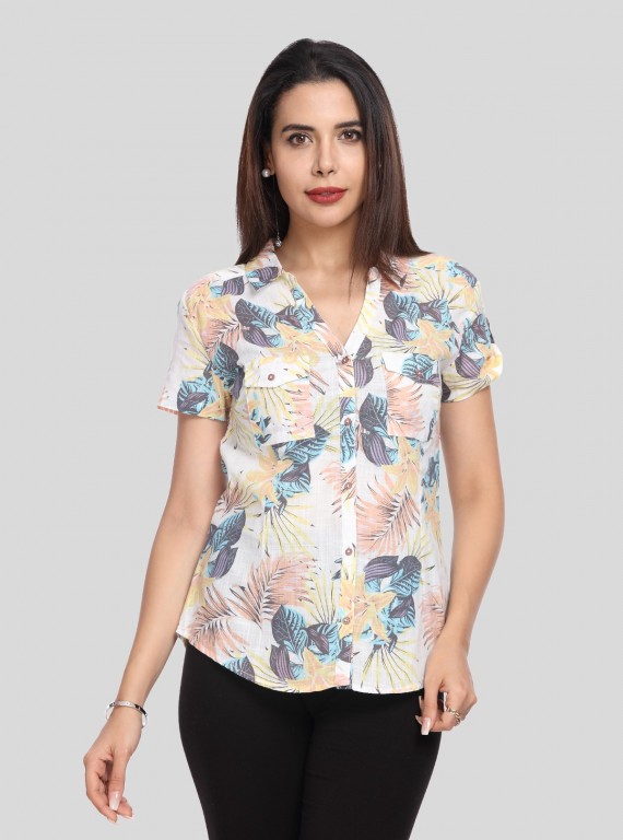 Women’s Cream Floral Print Short Sleeve Cotton Shirt – Boer and Fitch