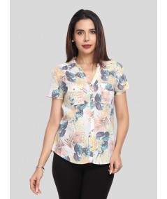 Women’s Cream Floral Print Short Sleeve Cotton Shirt – Boer and Fitch