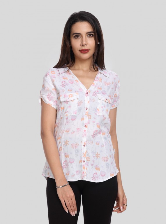 Women’s White Shirt with Orange Floral Print – Short Sleeve Style