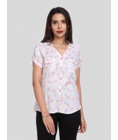 Women’s White Shirt with Orange Floral Print – Short Sleeve Style