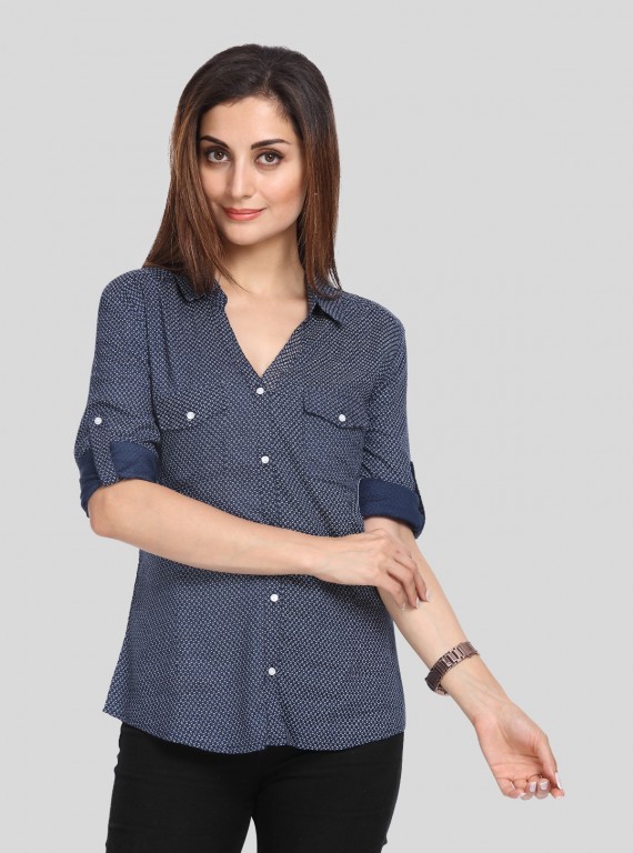 Women’s Ink Blue Long Sleeve Polka Dot Shirt by Boer and Fitch