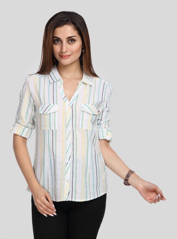 Women’s White Vertical Stripe Long Sleeve Shirt by Boer and Fitch
